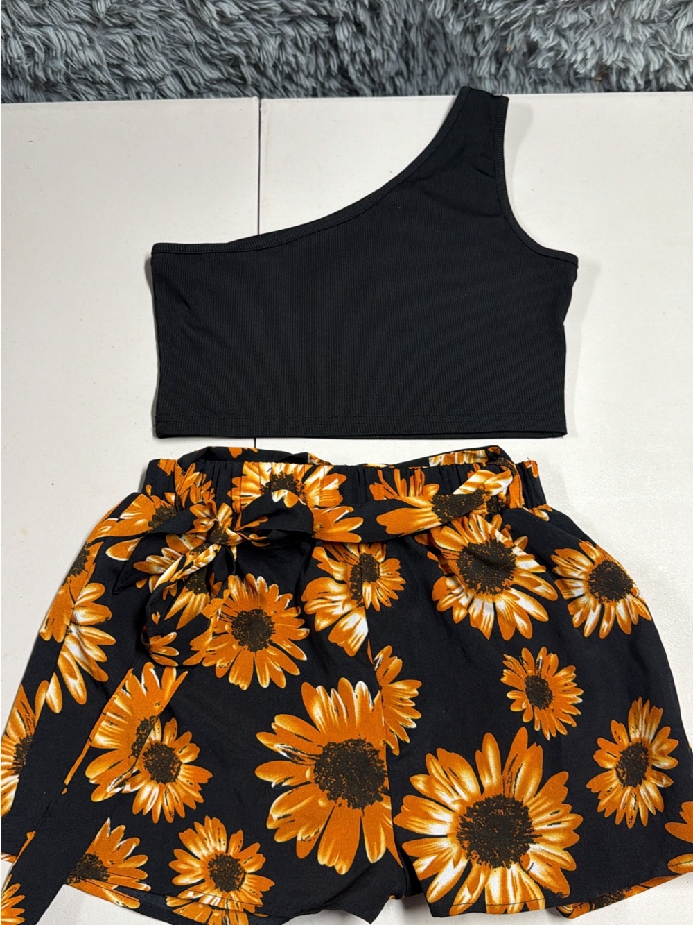 One-Shoulder Black Crop Top with Black & Orange Sunflower Shorts XS